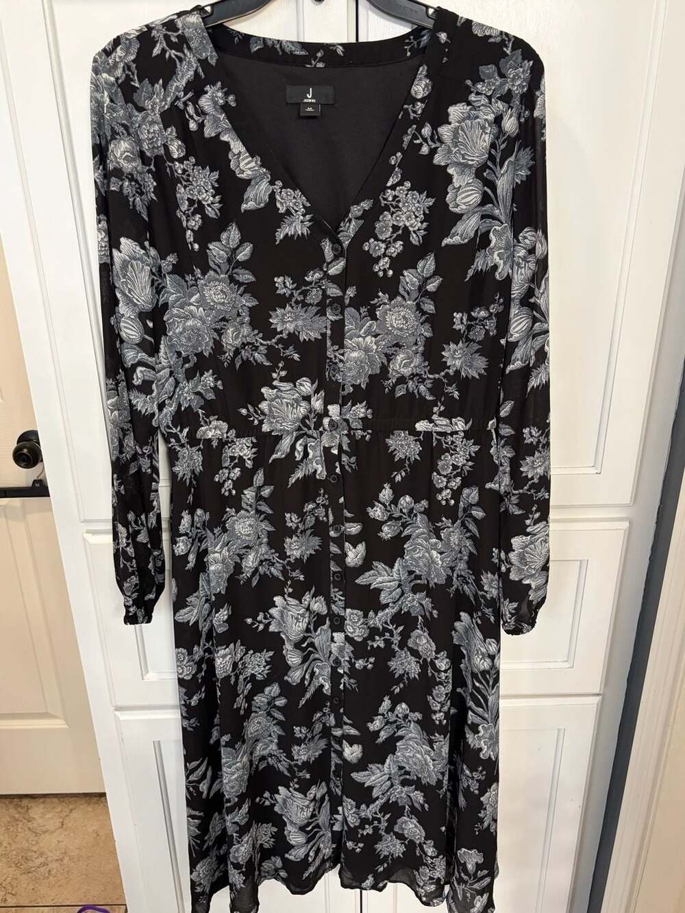 Jason Wu Womens Black Floral Midi Dress Medium Button Front Long Sleeve Elegant